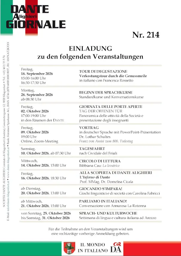 Titelbild Dante Giornale – Vereinszeitschrift der Dante Alighieri Gesellschaft Klagenfurt